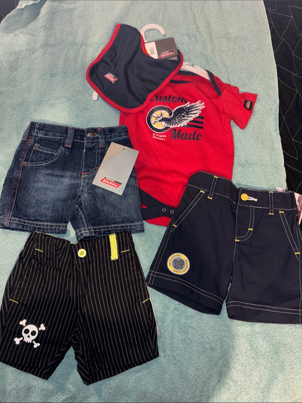 5 NWT Dickies Red Onesie with Navy Bib & Jean, pinstripe, navy shorts 3-6 m